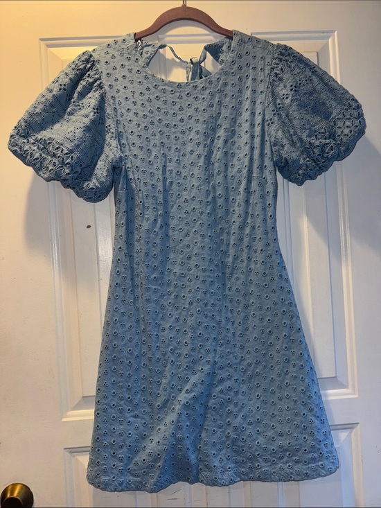 Free People Dresses & Skirts - Free People Light Blue Eyelet Mini Dress with Puff Sleeves Size Small